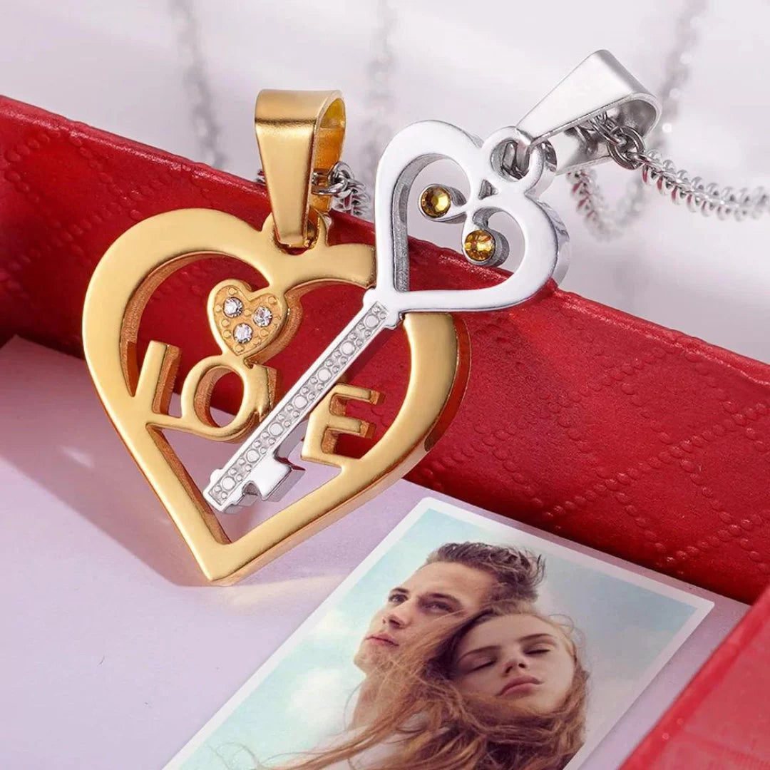 Heart and Key Matching Necklaces with Custom Birthstones