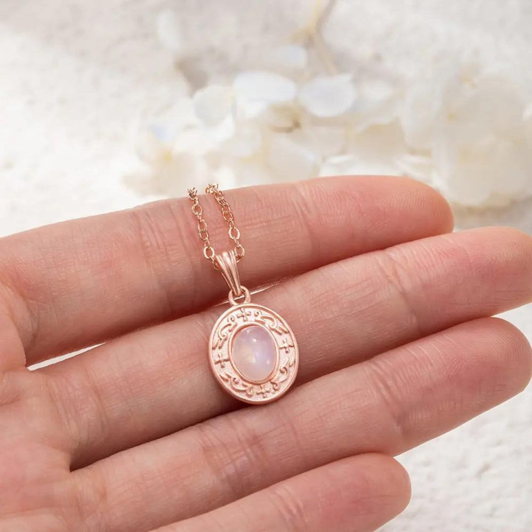Moonstone Charm Necklace with Custom Backside Engraving