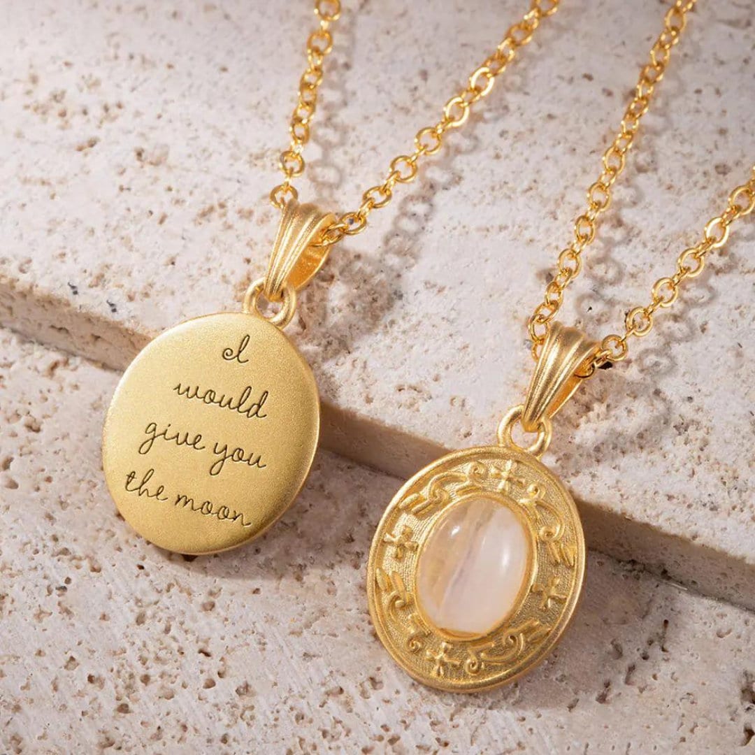 Moonstone Charm Necklace with Custom Backside Engraving