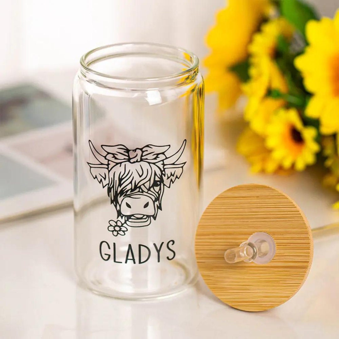 Personalized Name Highland Cow Latte Glass