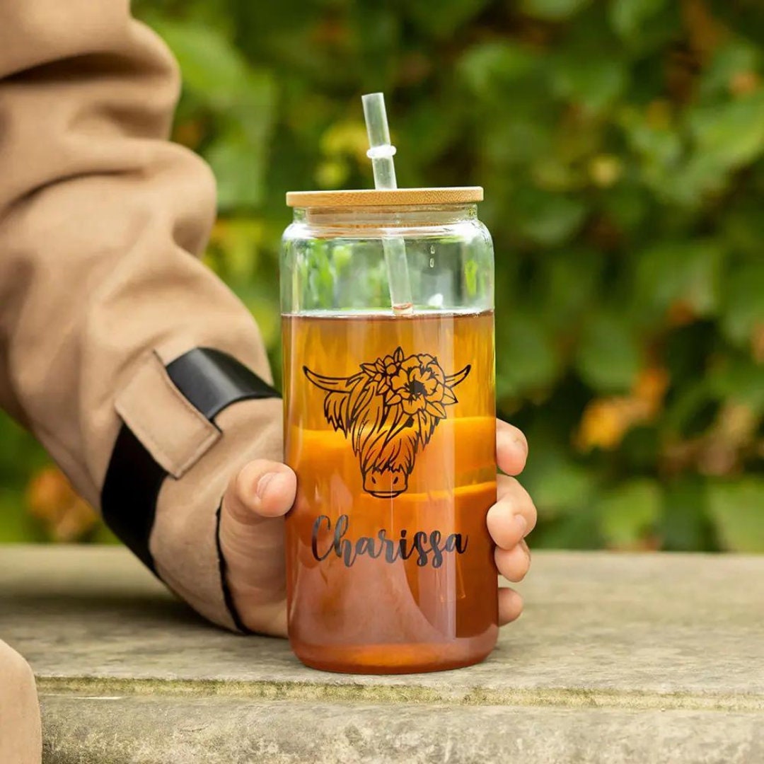 Personalized Name Highland Cow Latte Glass