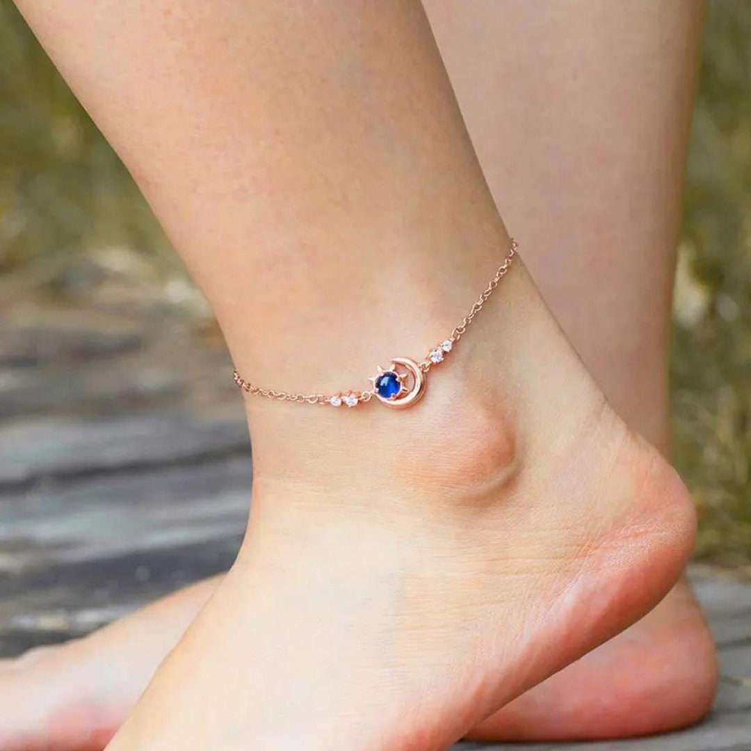 Crescent Moon, Sun and Star Anklet with Birthstone