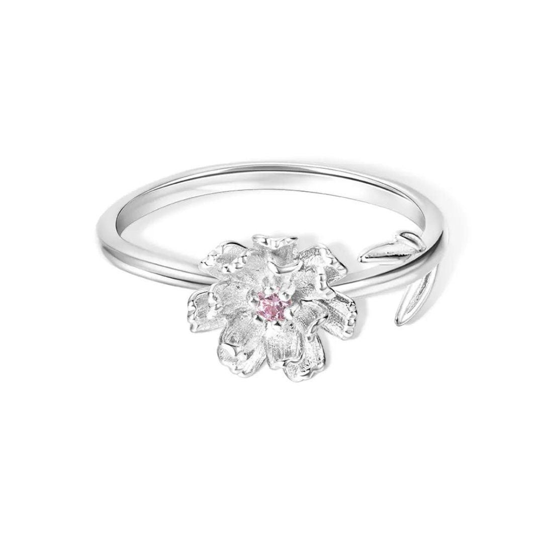 Personalized Birth Flower Adjustable Ring with Birthstone