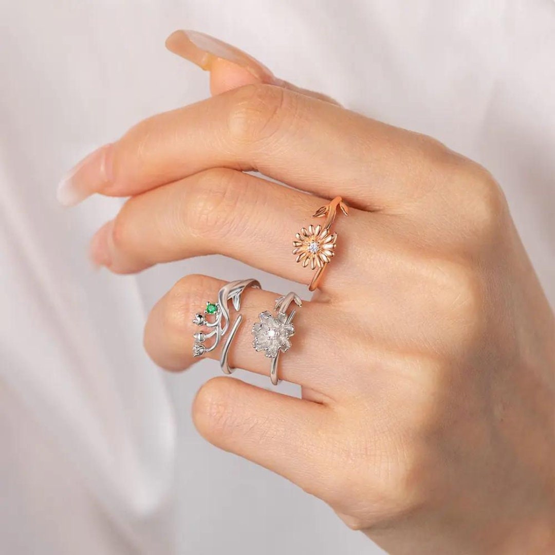 Personalized Birth Flower Adjustable Ring with Birthstone