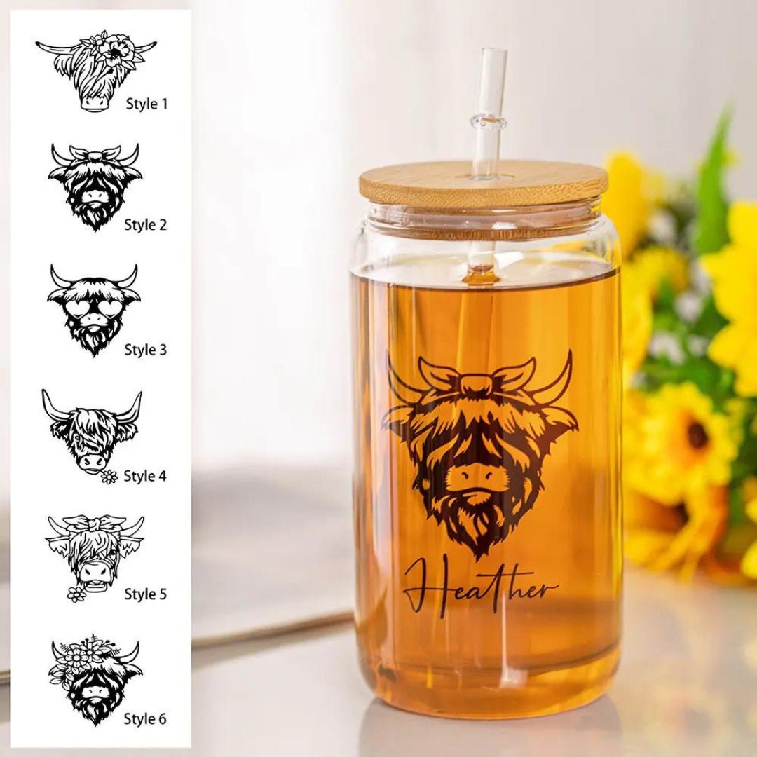 Personalized Name Highland Cow Latte Glass