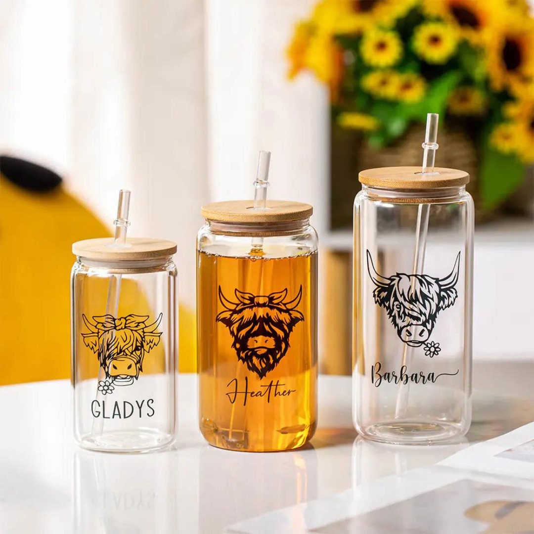 Personalized Name Highland Cow Latte Glass