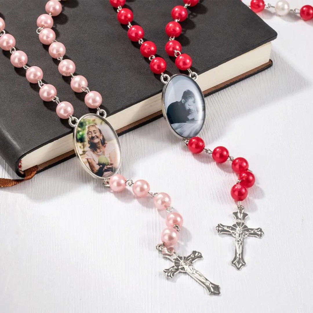 Personalized Catholic Rosary Beads Necklace with Photo