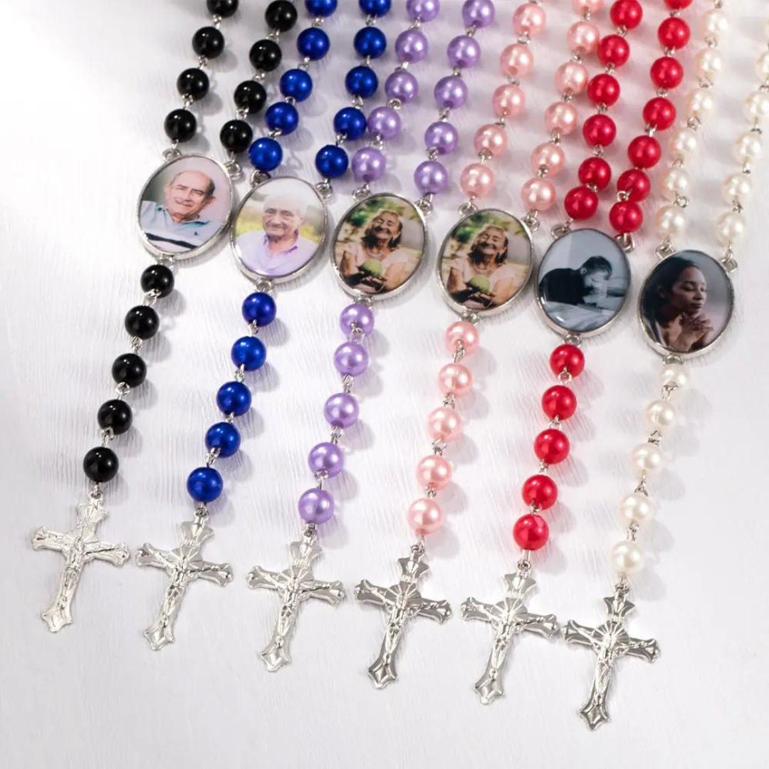 Personalized Catholic Rosary Beads Necklace with Photo