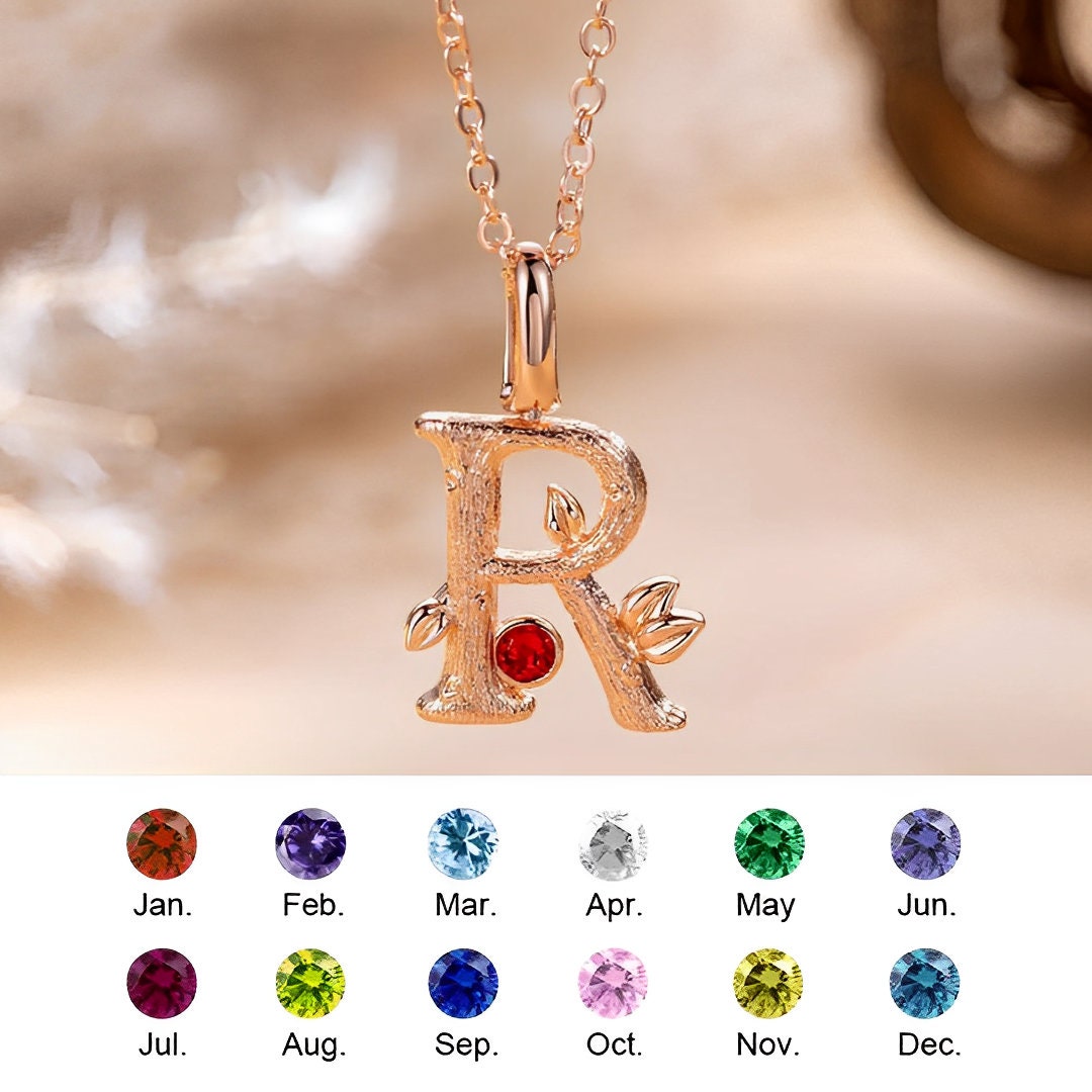 Custom Initial and Leaves Necklace with Birthstone