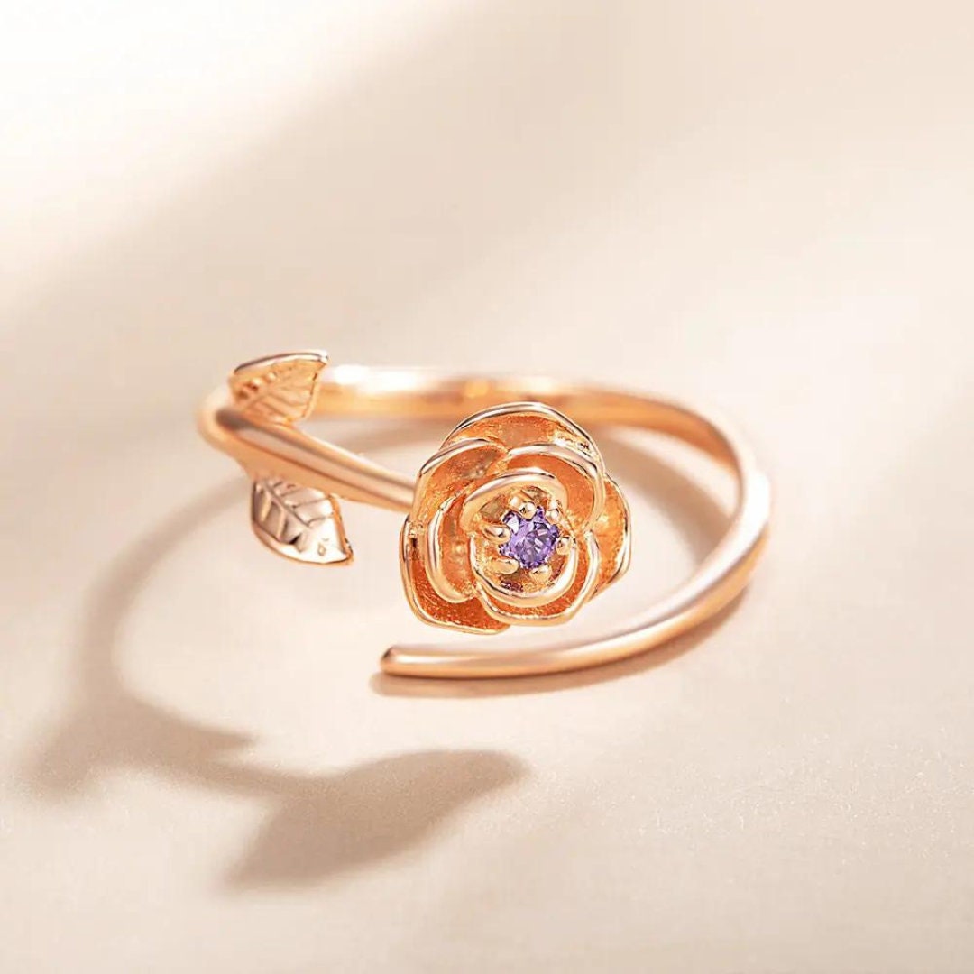 Personalized Birth Flower Adjustable Ring with Birthstone