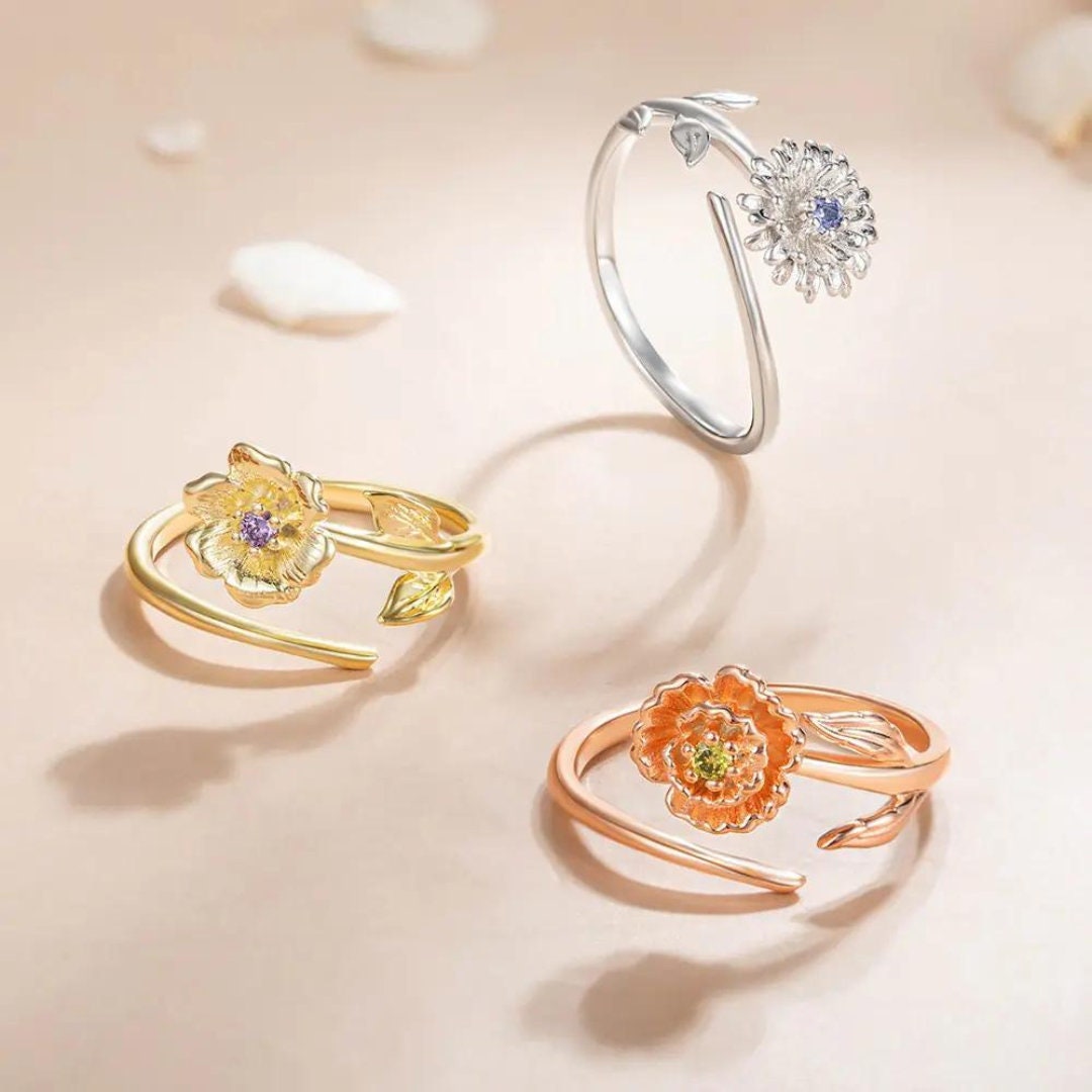 Personalized Birth Flower Adjustable Ring with Birthstone