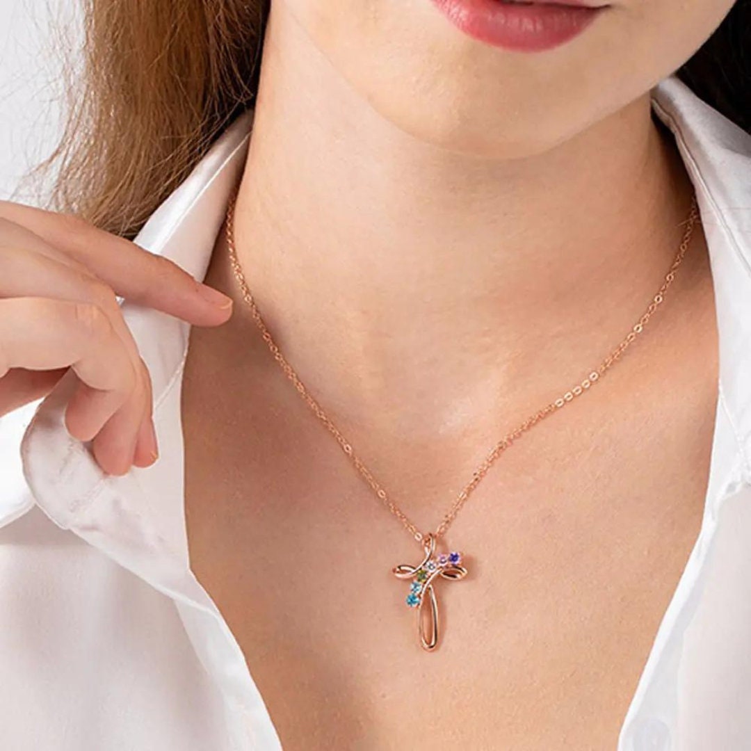 Custom Family Birthstone Cross Necklace