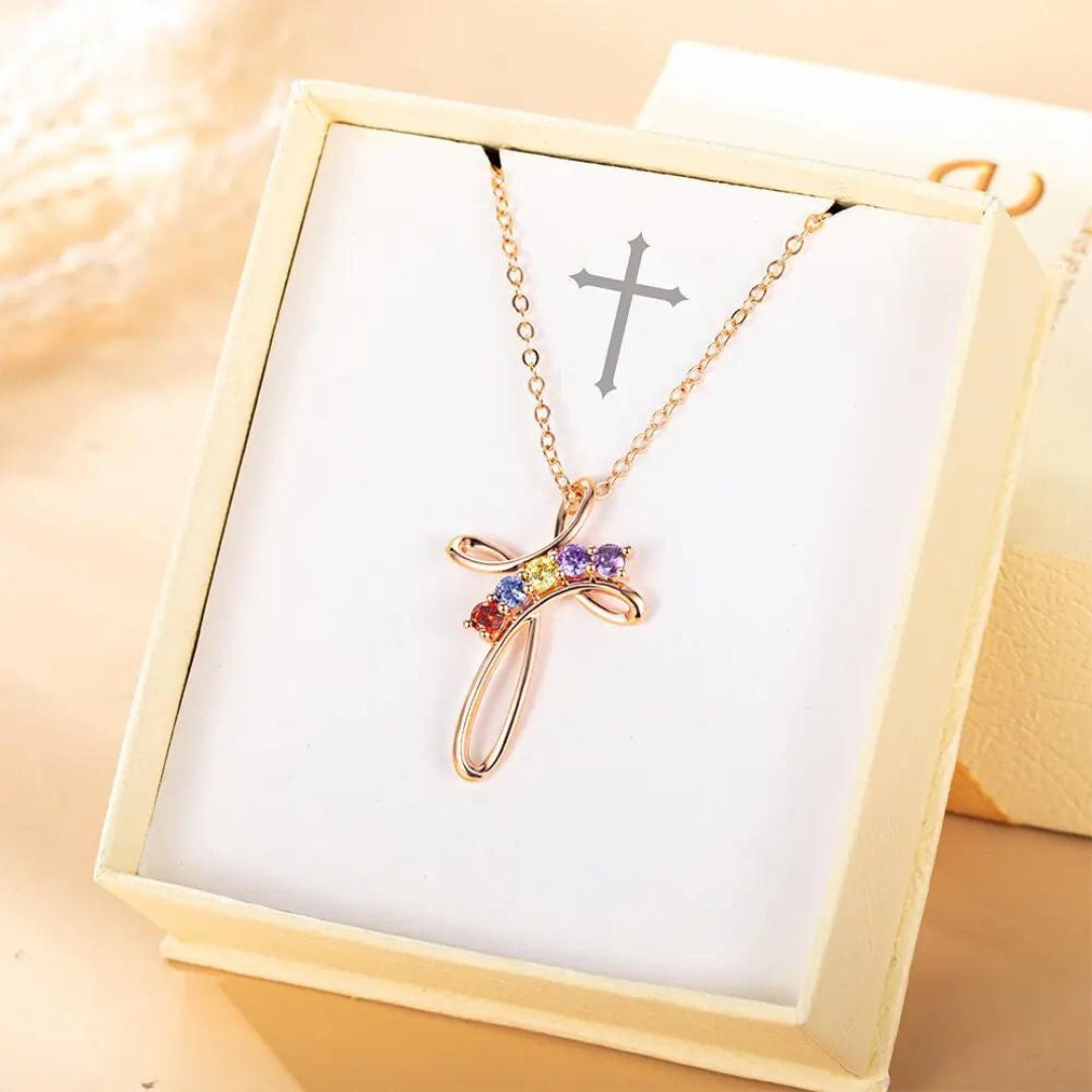Custom Family Birthstone Cross Necklace