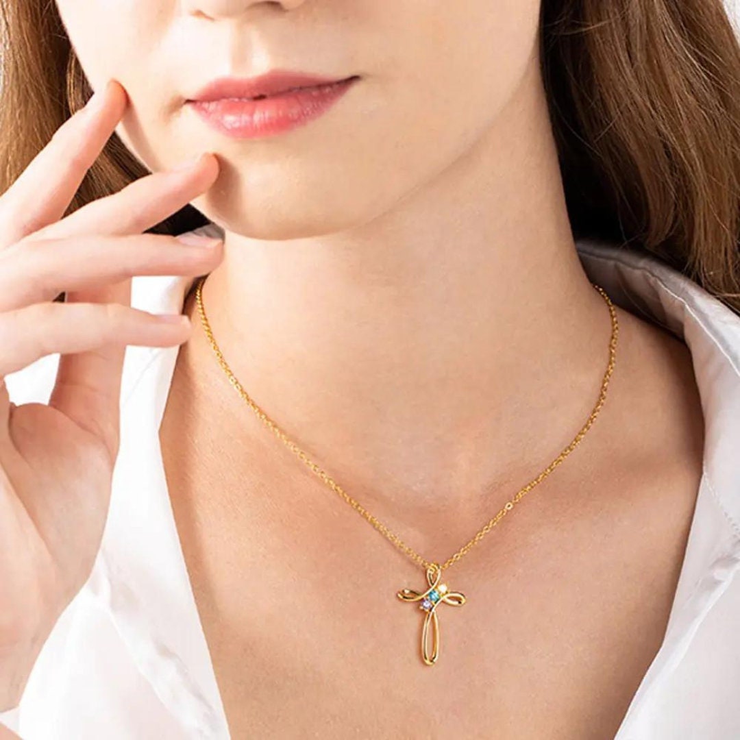 Custom Family Birthstone Cross Necklace