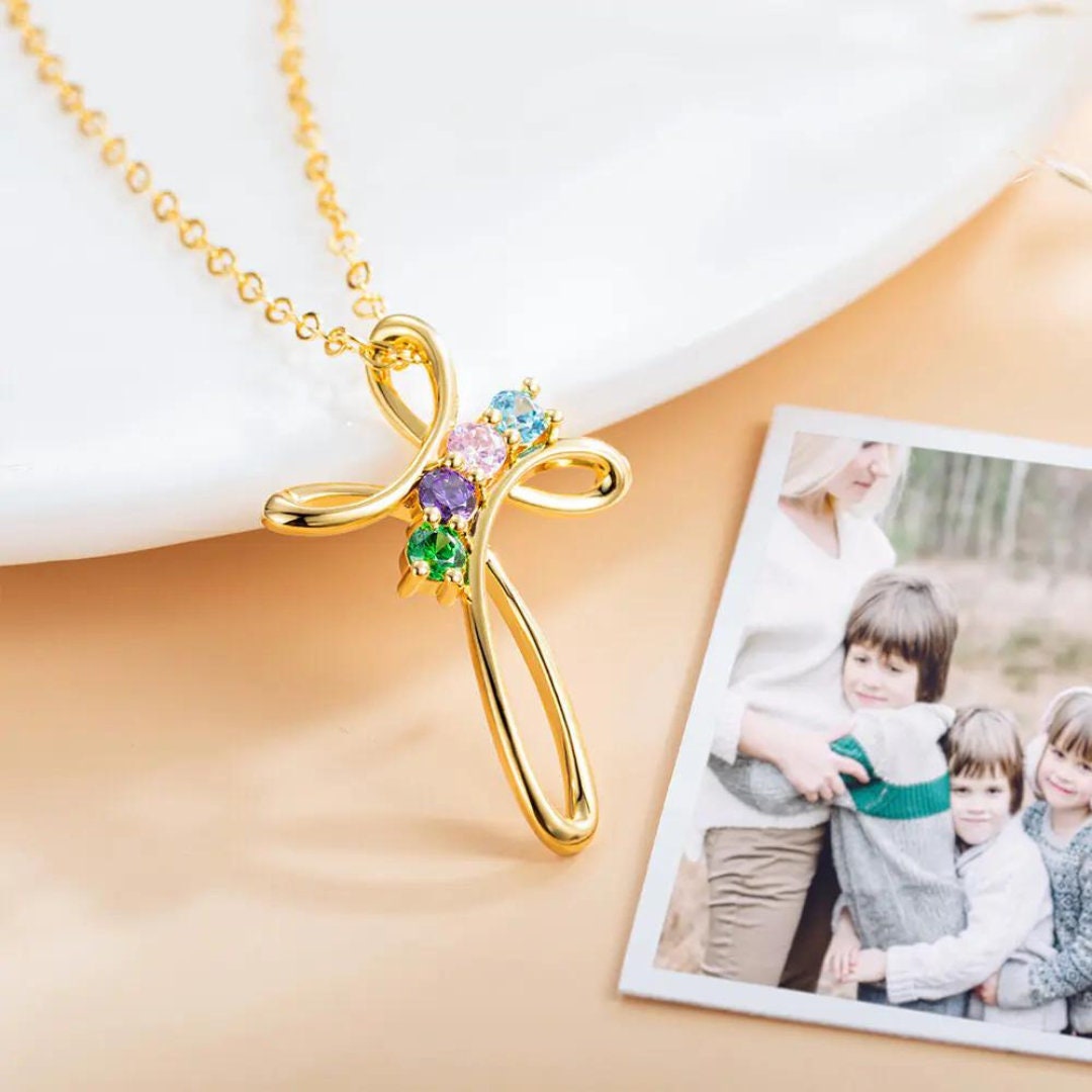 Custom Family Birthstone Cross Necklace