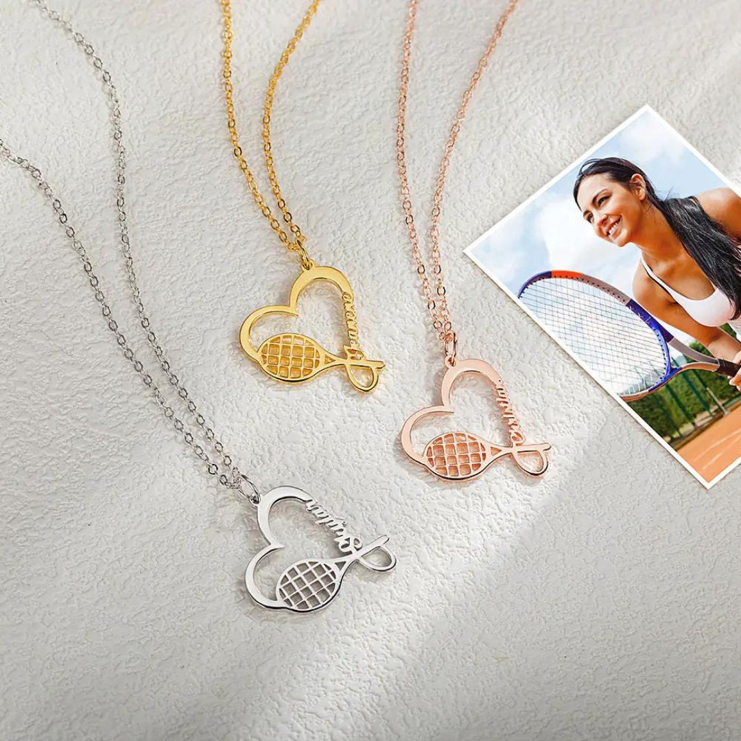 Personalized Name Tennis Racket Heart Necklace