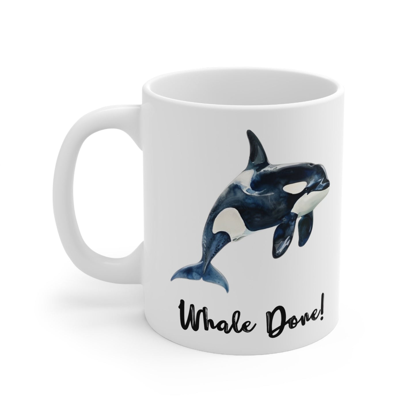 Whale Done! 11oz Ceramic Mug with Watercolor Orca Illustration
