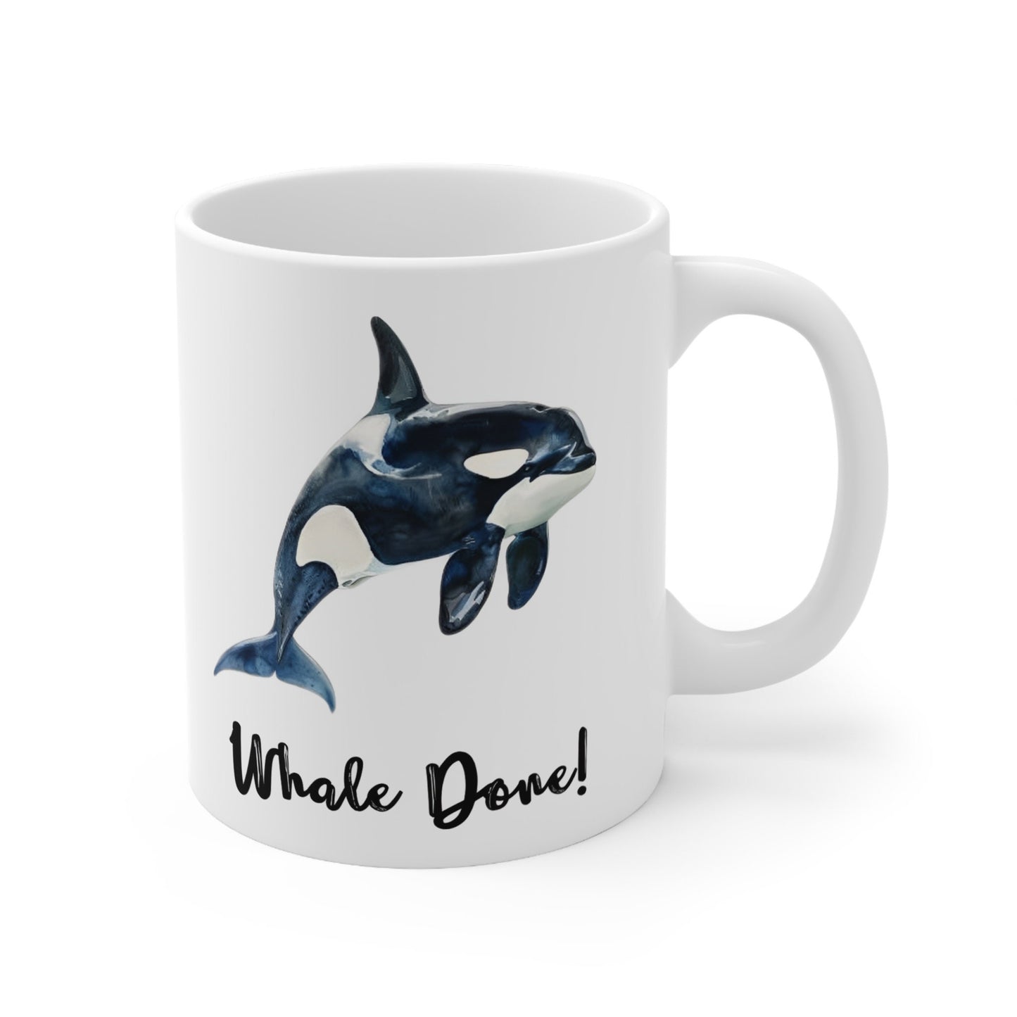 Whale Done! 11oz Ceramic Mug with Watercolor Orca Illustration