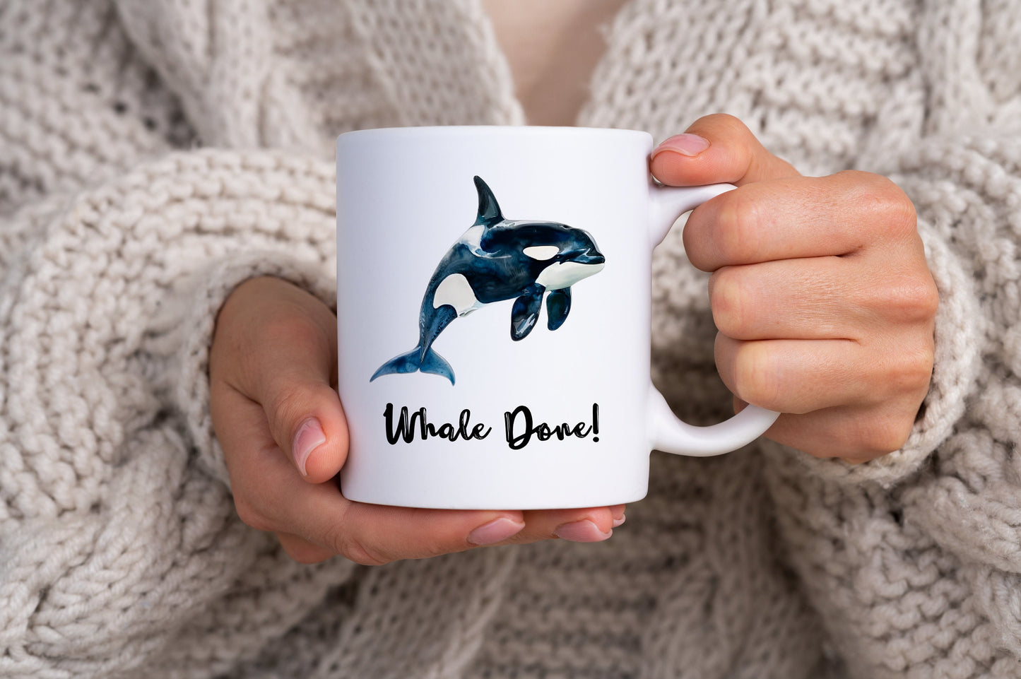 Whale Done! 11oz Ceramic Mug with Watercolor Orca Illustration