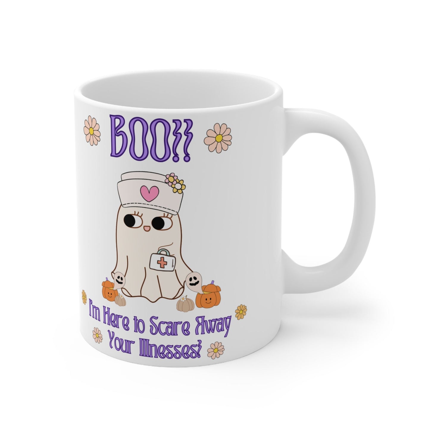 'Boo, I am here to scare away your illnesses!' Cute Nurse Halloween Mug