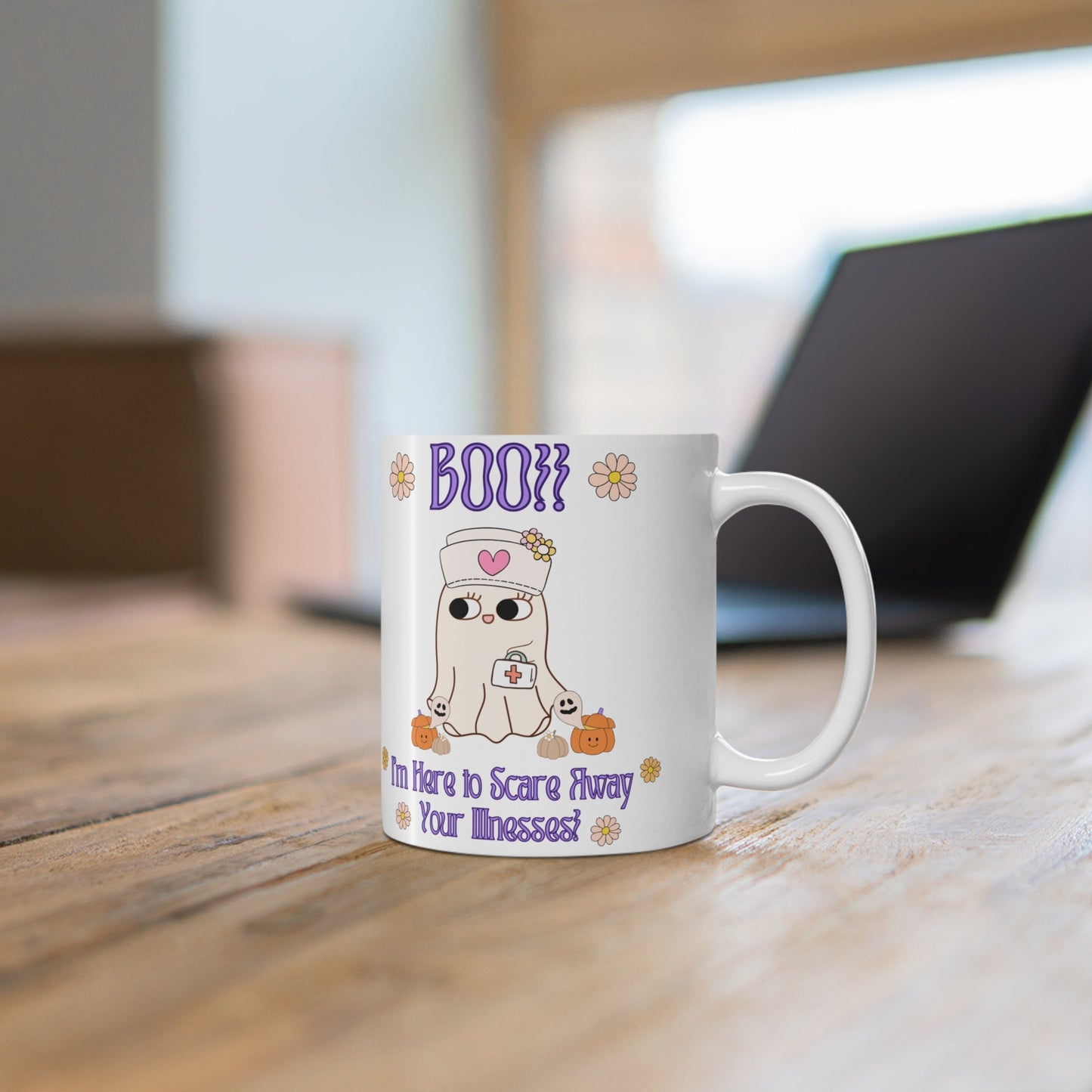 'Boo, I am here to scare away your illnesses!' Cute Nurse Halloween Mug
