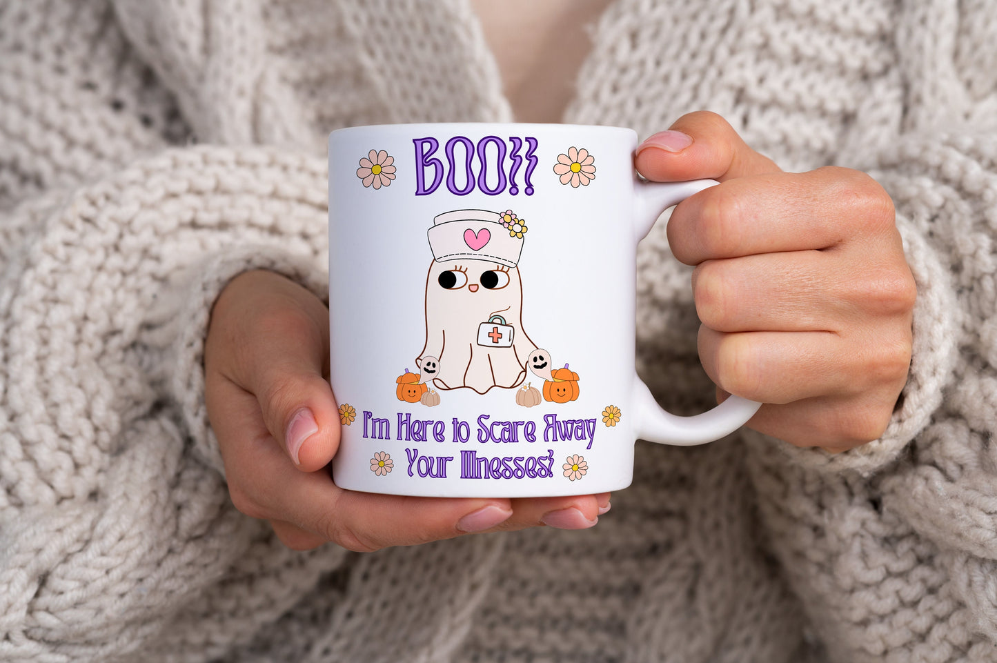 'Boo, I am here to scare away your illnesses!' Cute Nurse Halloween Mug