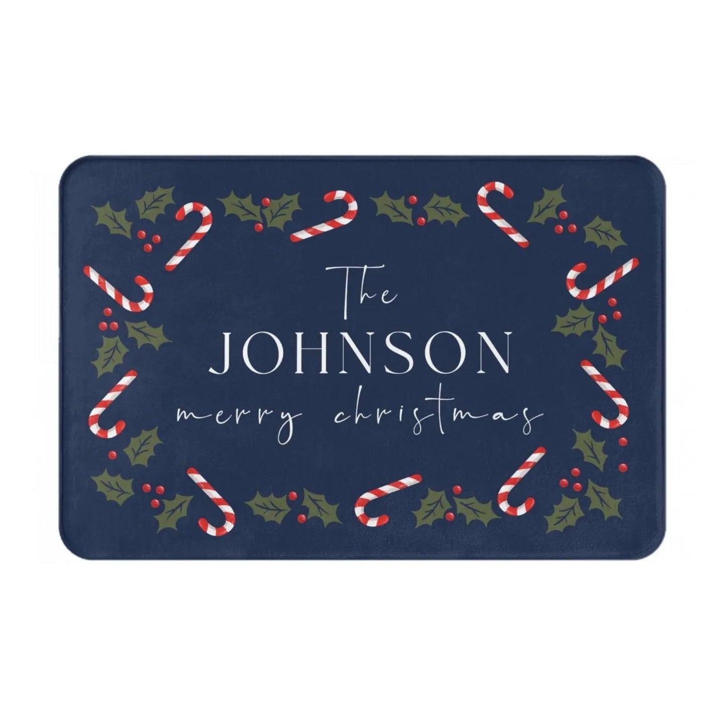 Personalized Christmas Holly Candy Canes Welcome Doormat
