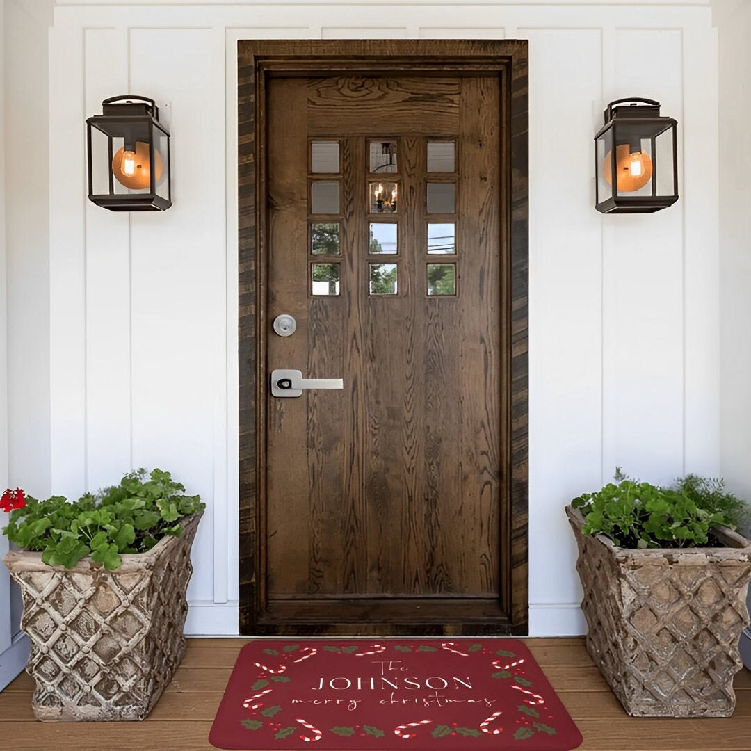 Personalized Christmas Holly Candy Canes Welcome Doormat