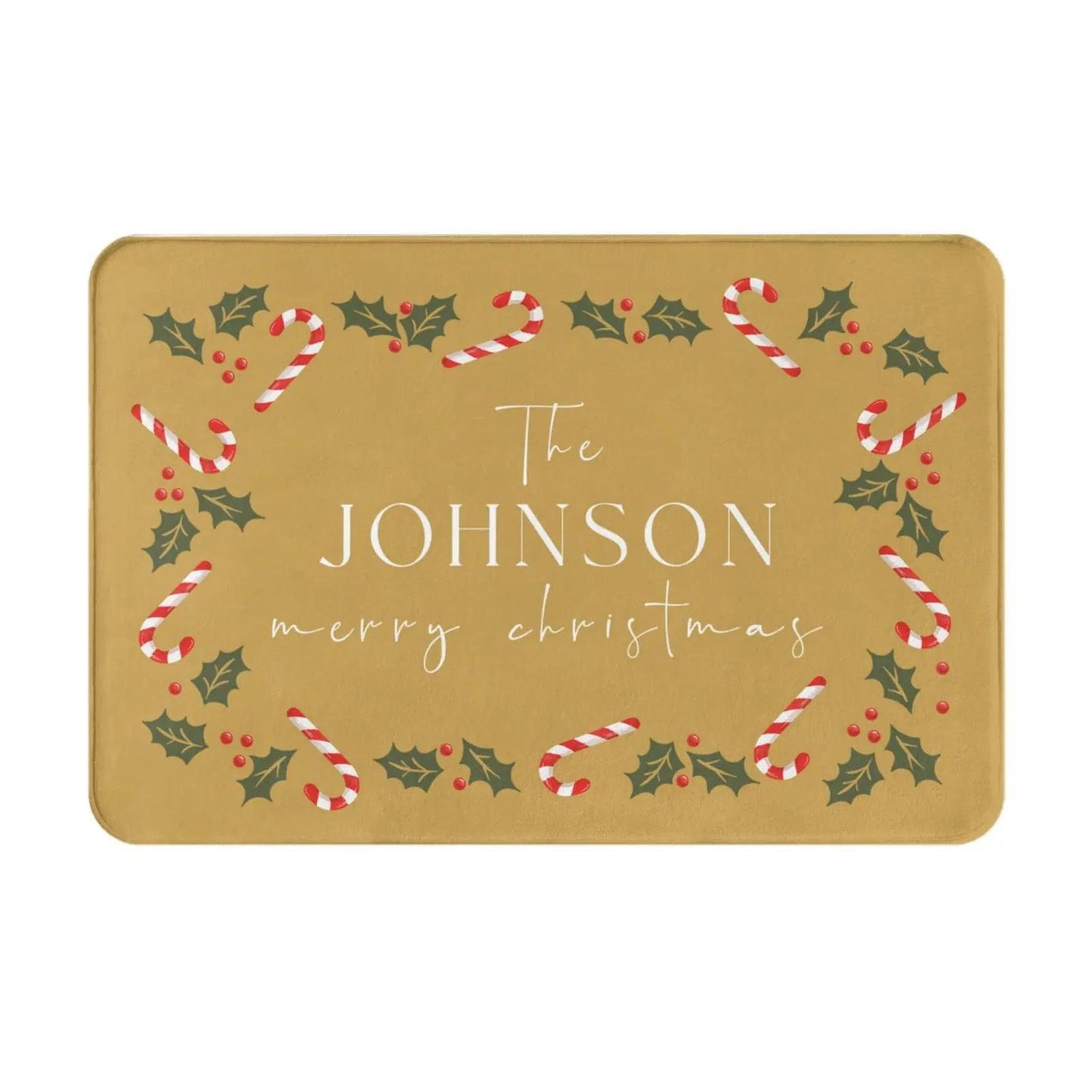 Personalized Christmas Holly Candy Canes Welcome Doormat