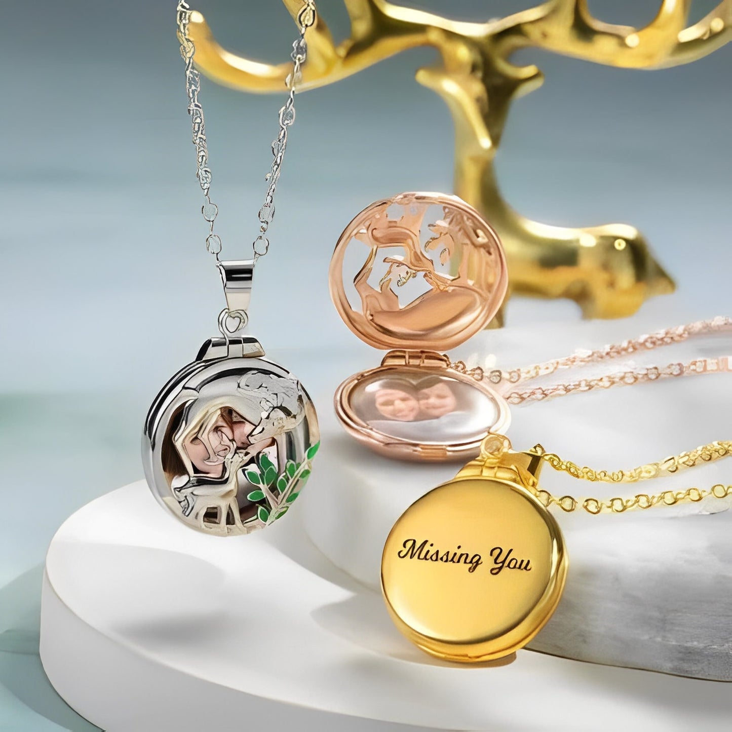 Custom Photo Elk Locket Necklace (Mother & Baby) + Engravings