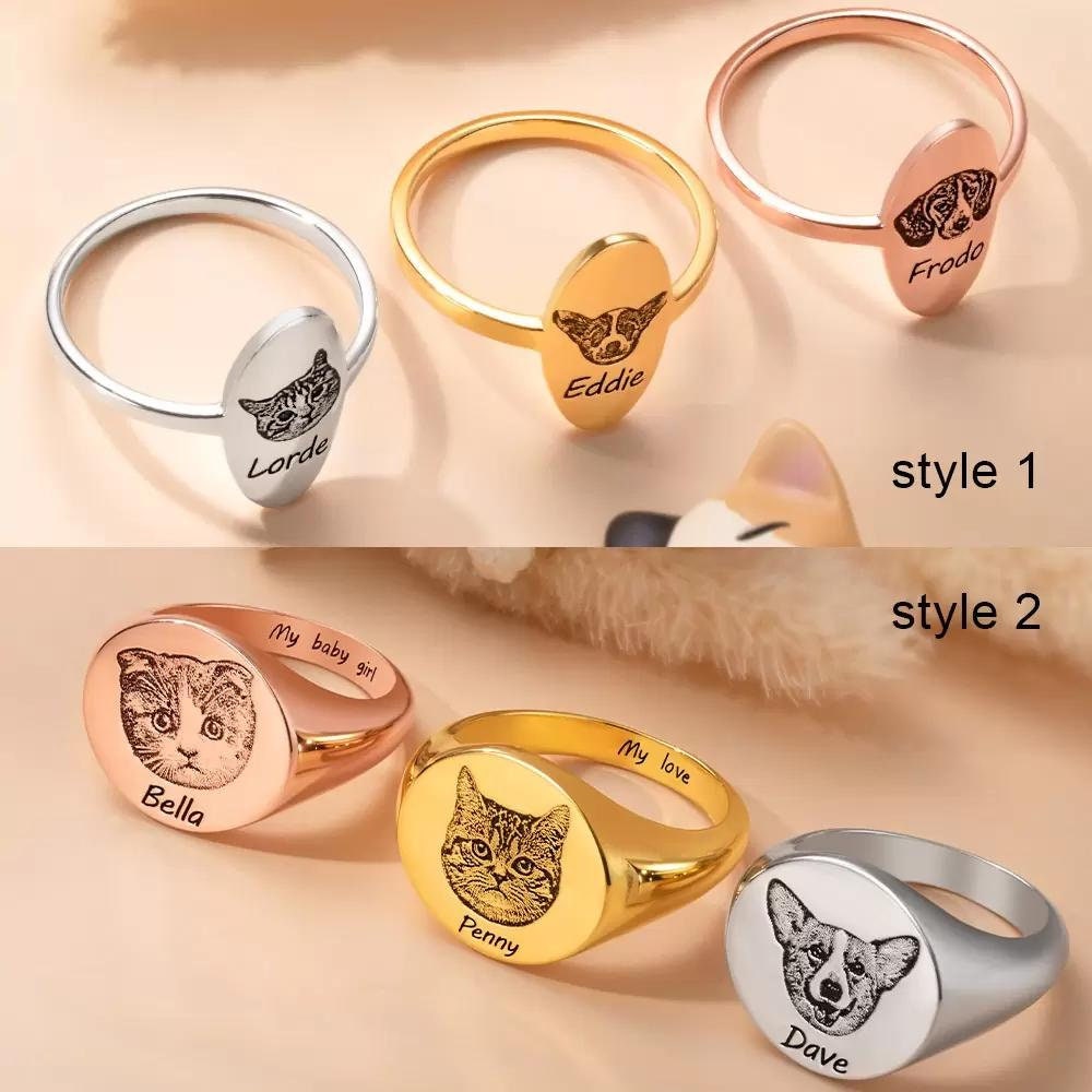 Custom Pet Portrait Signet Ring + Name & Engraving