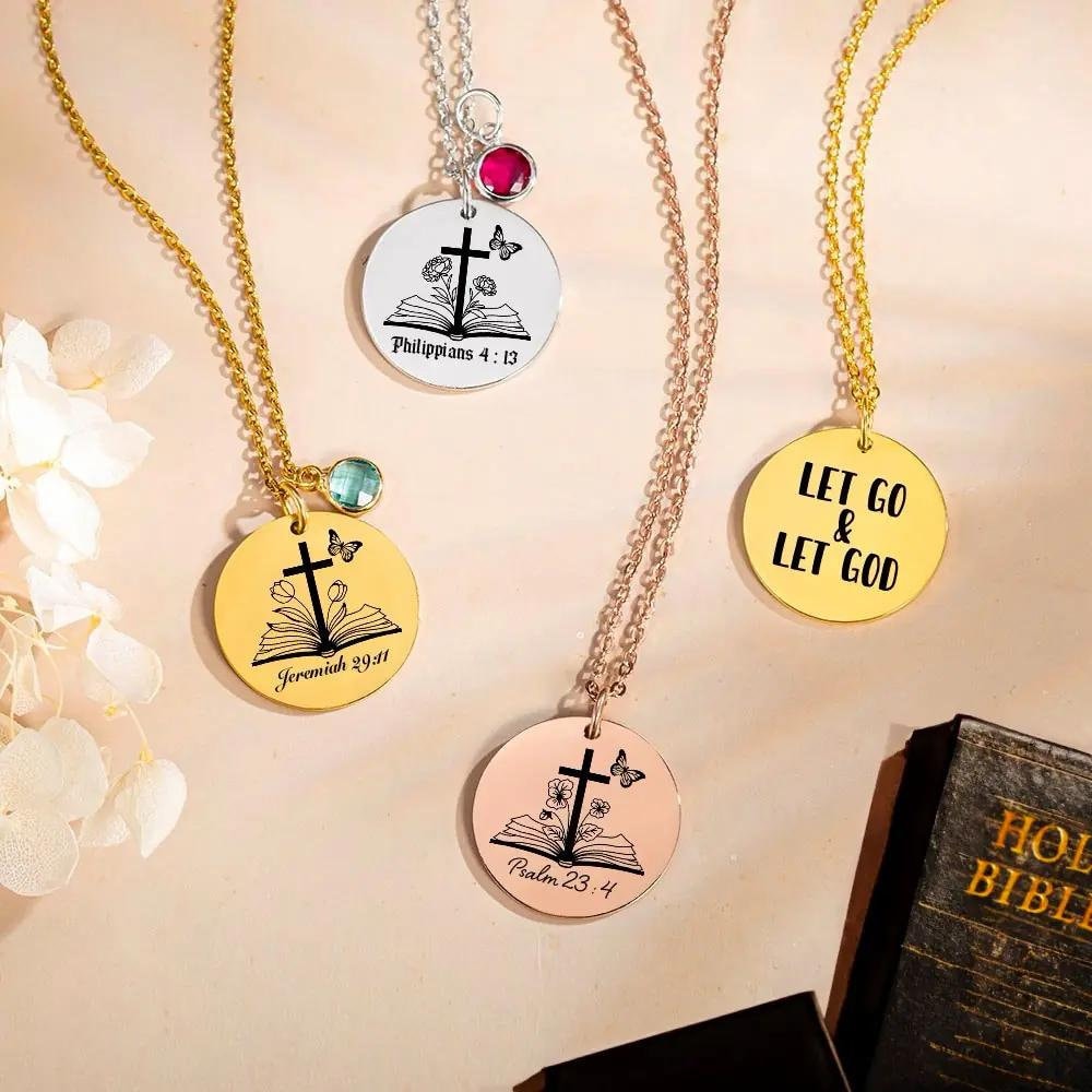 Custom Engraved Bible Verse Necklace + Birth Flower & Birthstone