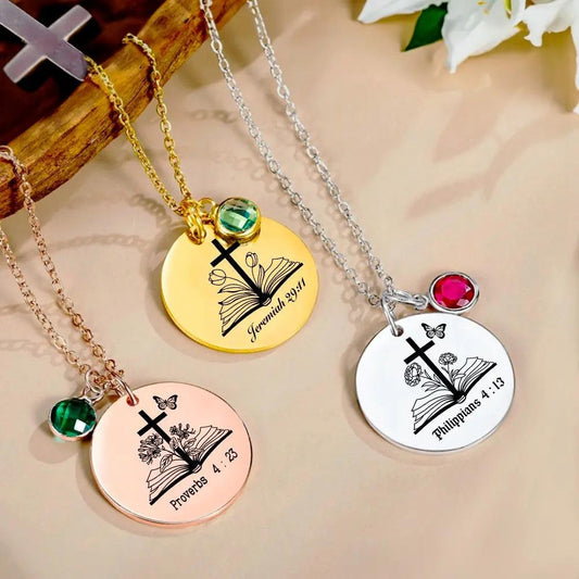 Custom Engraved Bible Verse Necklace + Birth Flower & Birthstone