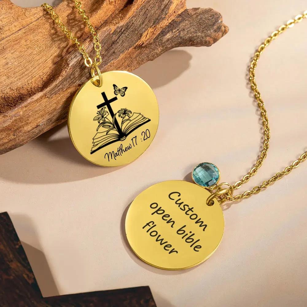 Custom Engraved Bible Verse Necklace + Birth Flower & Birthstone
