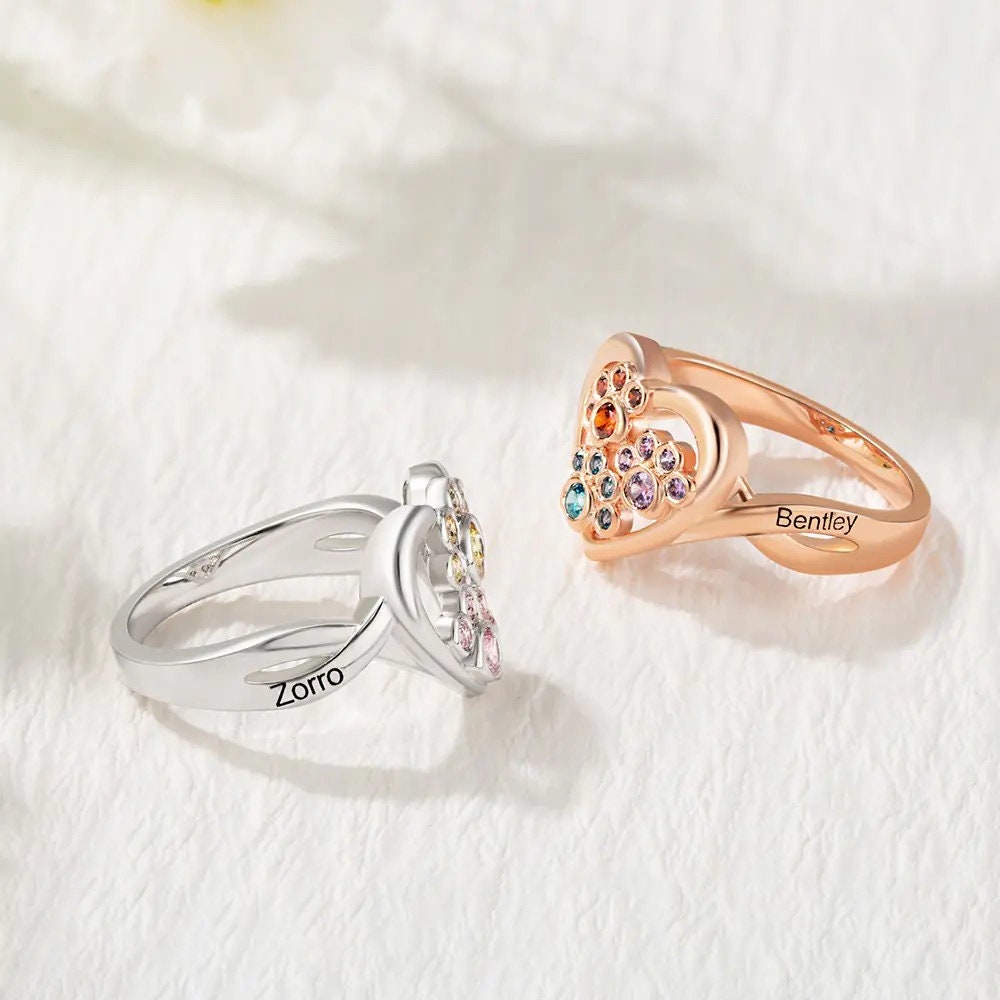 Custom Paw Heart Birthstone Ring with 1-4 Paws