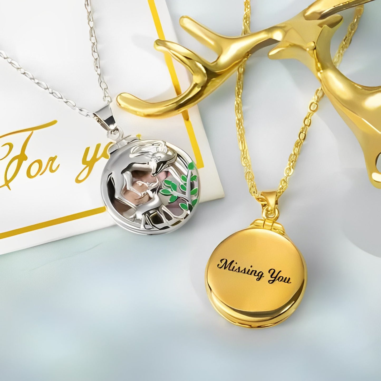 Custom Photo Elk Locket Necklace (Mother & Baby) + Engravings