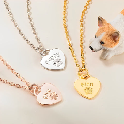 Custom Name Paw Print Heart Necklace