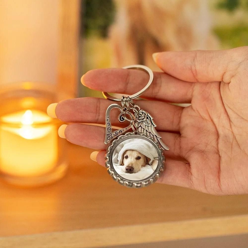Personalized Photo Keychain with Angel Wings & Heart Charm