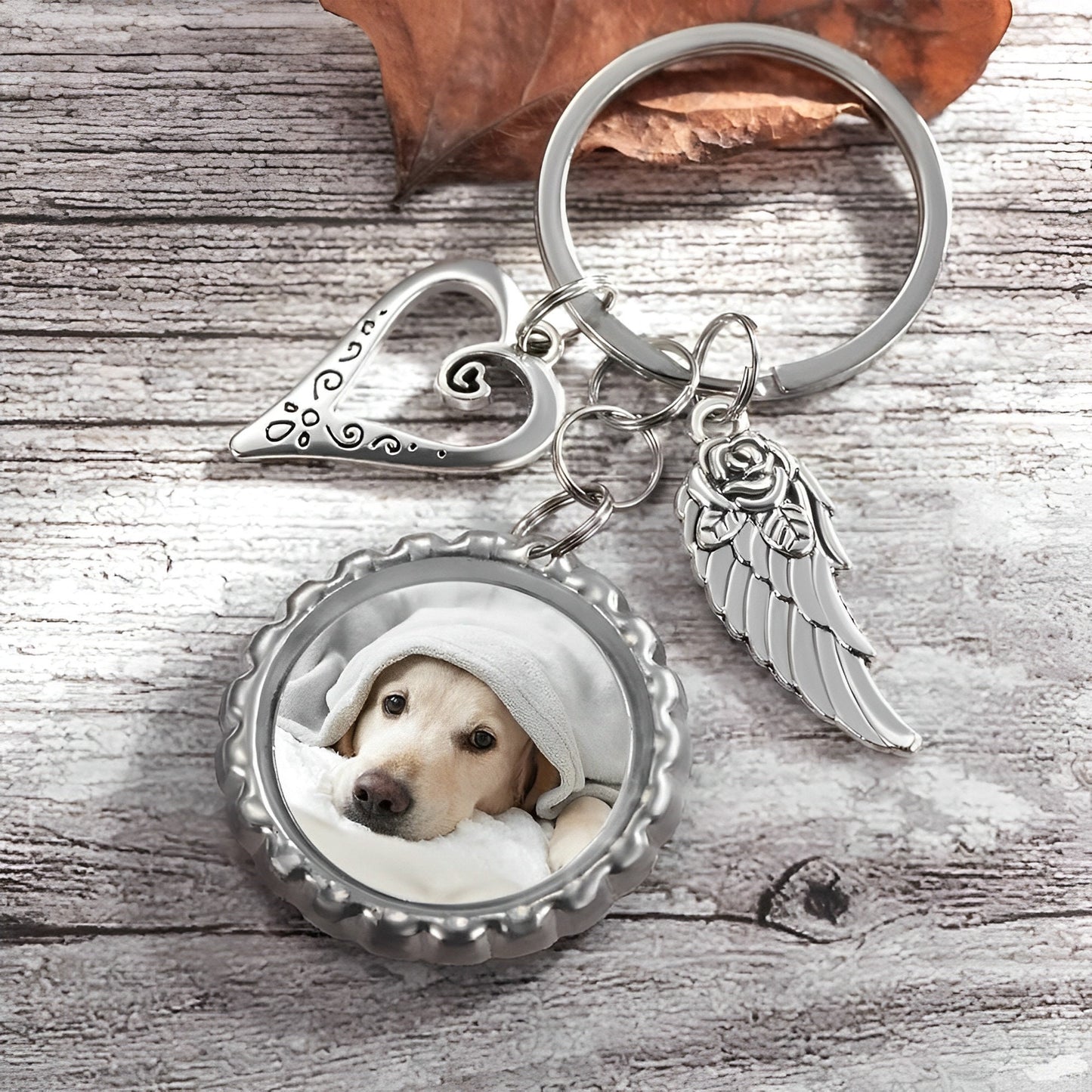 Personalized Photo Keychain with Angel Wings & Heart Charm