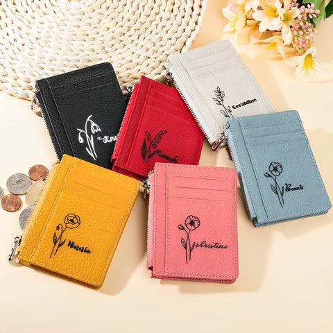 Personalisierter Kartenhalter aus Leder mit Namen und Geburtsblume