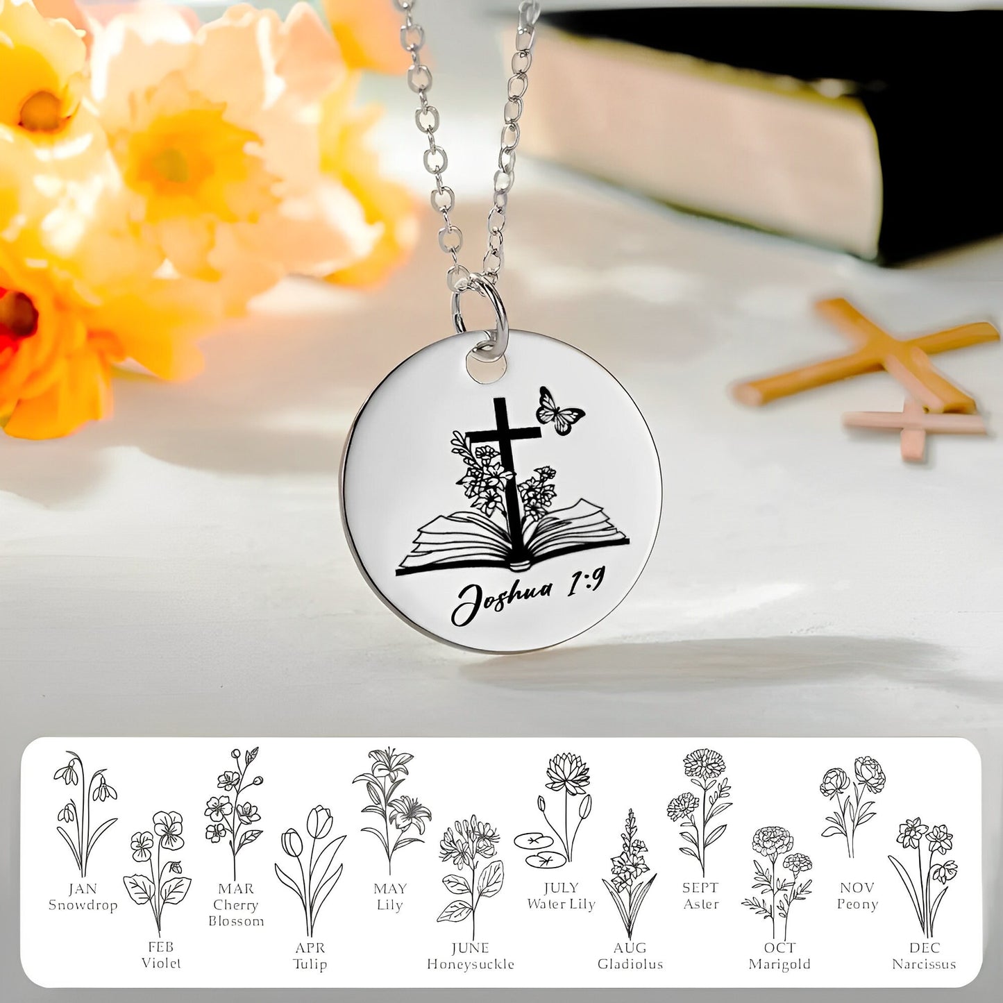 Custom Engraved Bible Verse Necklace + Birth Flower & Birthstone