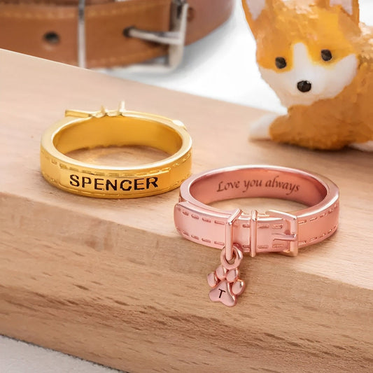Custom Engraved Pet Collar Ring with Initial Charm
