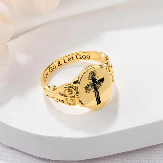 Custom Birth Flower Bouquet Cross Ring with Inner Engraving