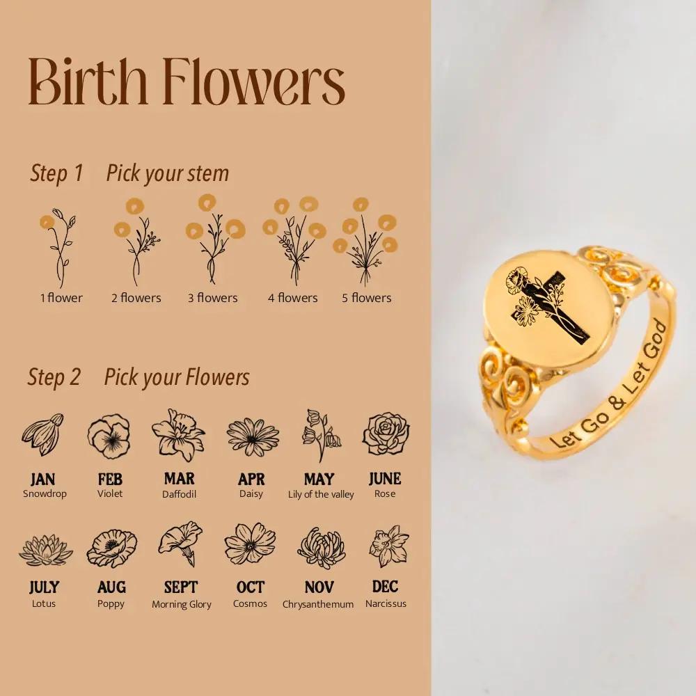 Custom Birth Flower Bouquet Cross Ring with Inner Engraving