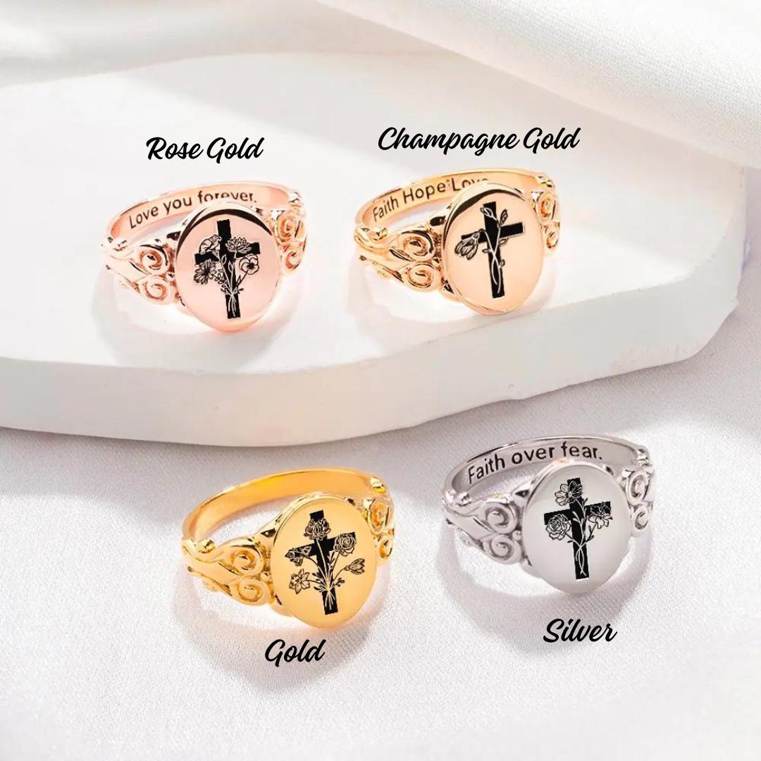 Custom Birth Flower Bouquet Cross Ring with Inner Engraving