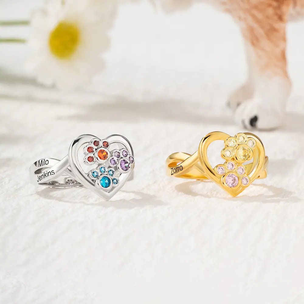 Custom Paw Heart Birthstone Ring with 1-4 Paws