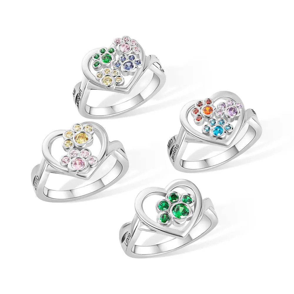 Custom Paw Heart Birthstone Ring with 1-4 Paws