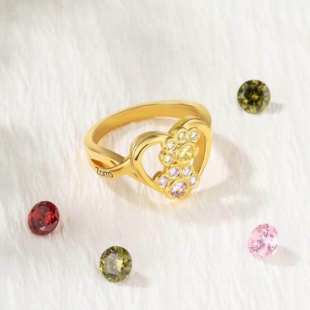 Custom Paw Heart Birthstone Ring with 1-4 Paws