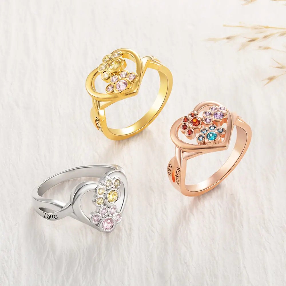 Custom Paw Heart Birthstone Ring with 1-4 Paws