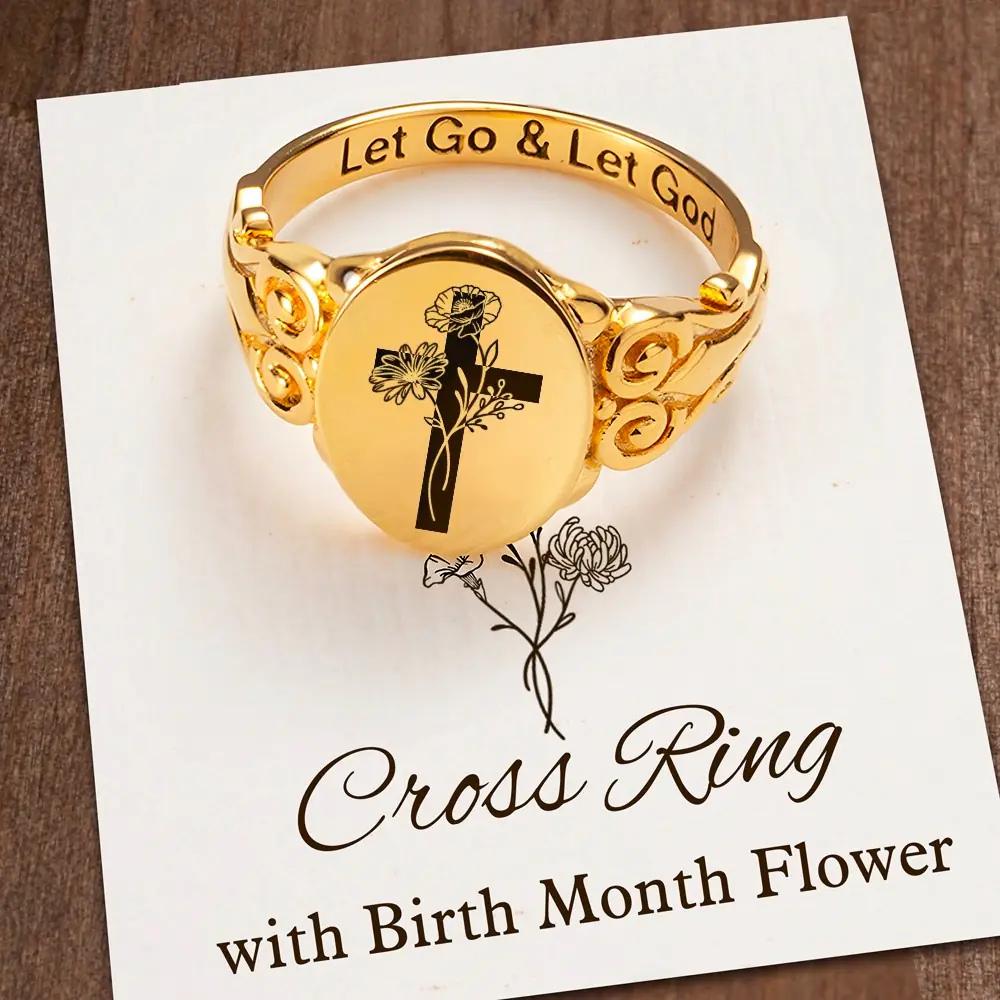 Custom Birth Flower Bouquet Cross Ring with Inner Engraving